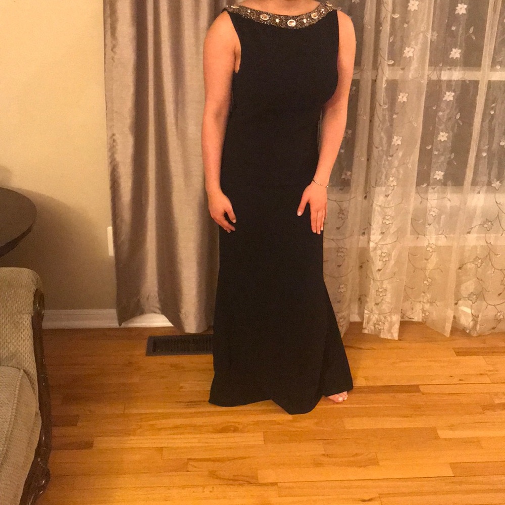 Black Fringed Prom Dress w/Amber Stone Detailing